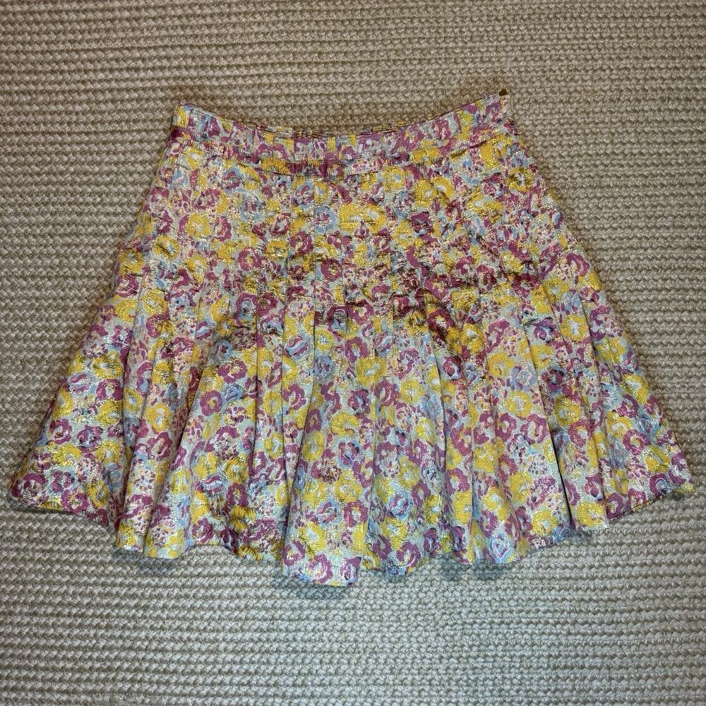 Zac Posen Metallic Gold Pink/Blue Floral Pleated Mini Skirt Y2K Size 13